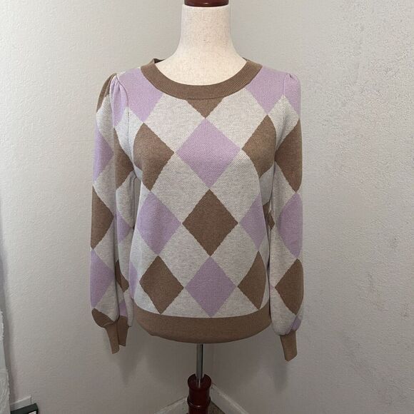 Loft Lavender/Brown Argyle Sweater Women’s Size Medium  Puff Sleeve Round Neck - Picture 1 of 8